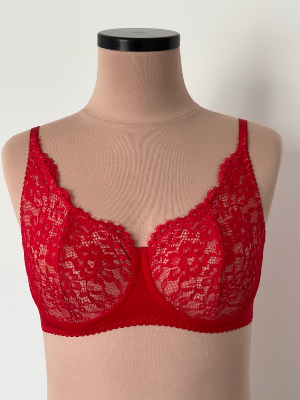 Vintage Style Bra Red Retro Floral Lace Mesh Satin Balconette Full Handmade 34 B